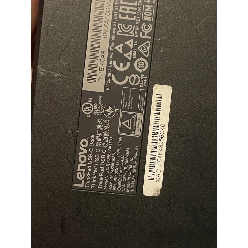 LENOVO ThinkPad USB-C Dock DK1633 (No Power Adapter, No Cords)